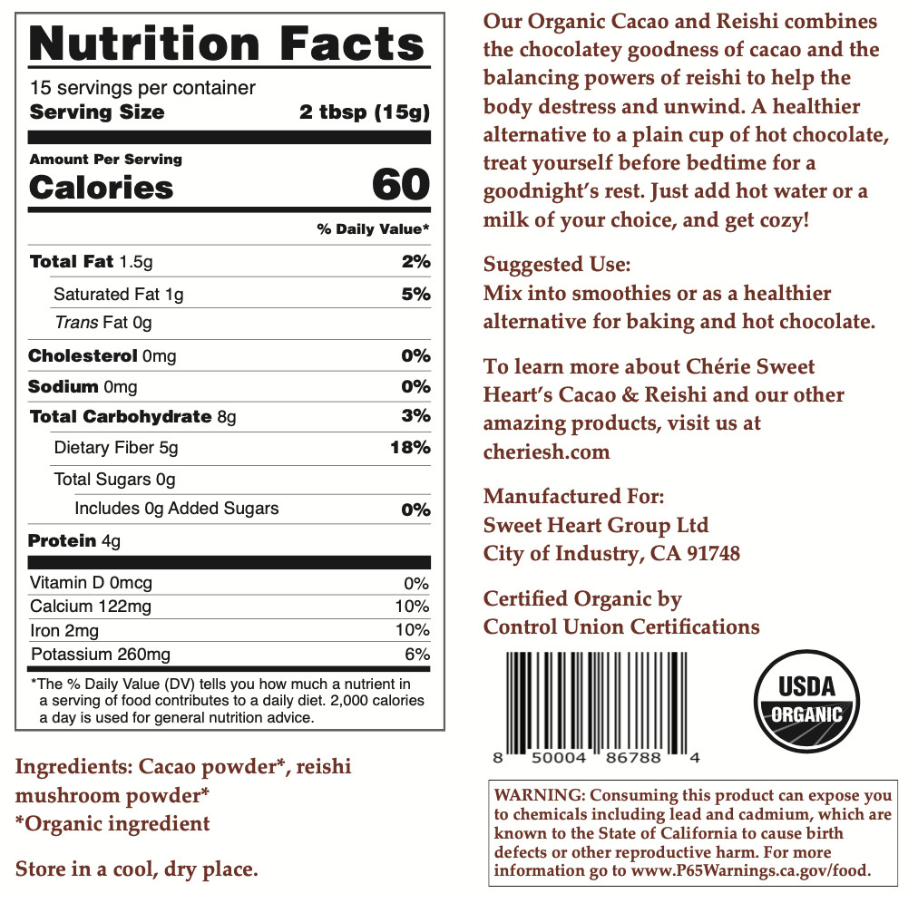 Superfood Drink Mix, Cacao and Reishi Mushroom Powder, 8 oz Packet