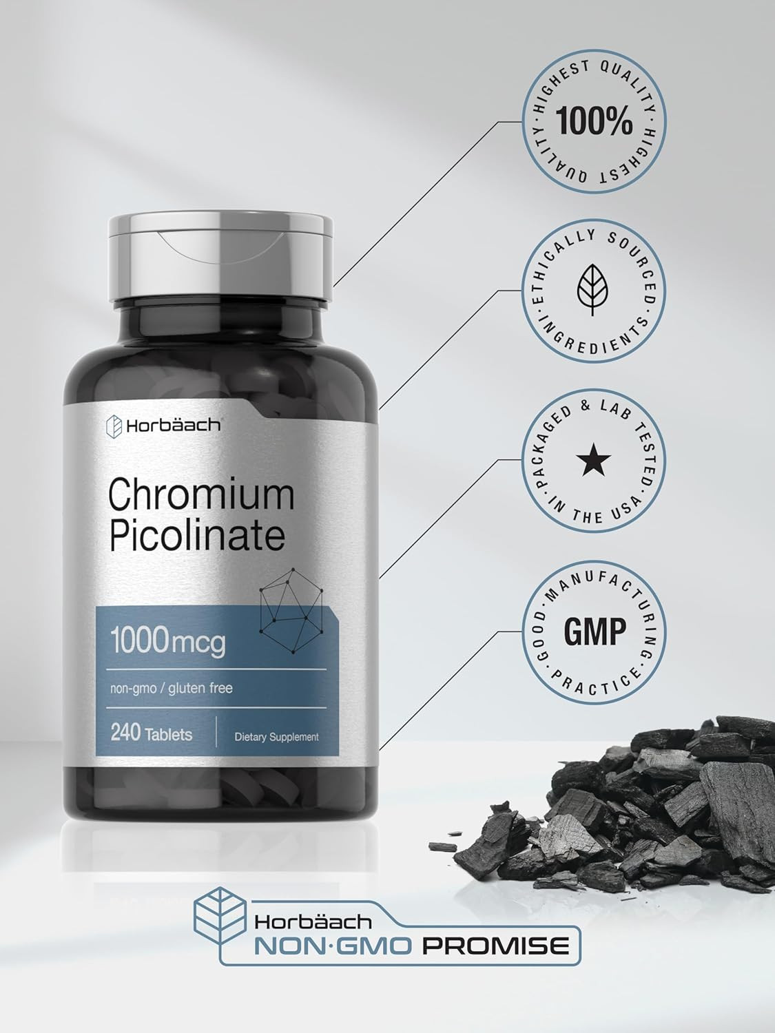 Horbäach Chromium Picolinate 1000Mcg, 240 Tablets, Vegetarian Non-Gmo Supplement