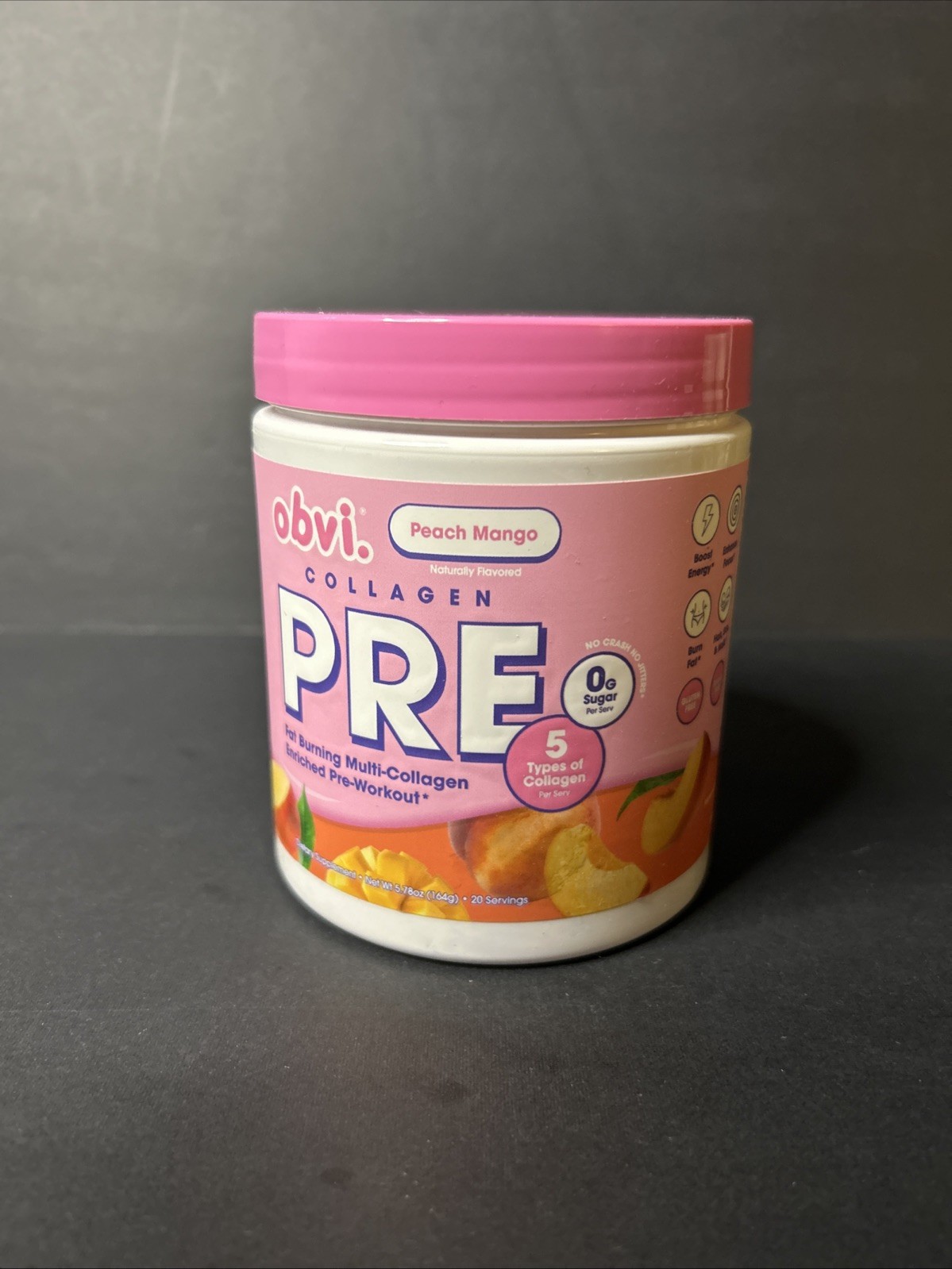Obvi Collagenic PRE Peach Mango Pre-Workout Fat Burning 20 Servings 0g Sugar