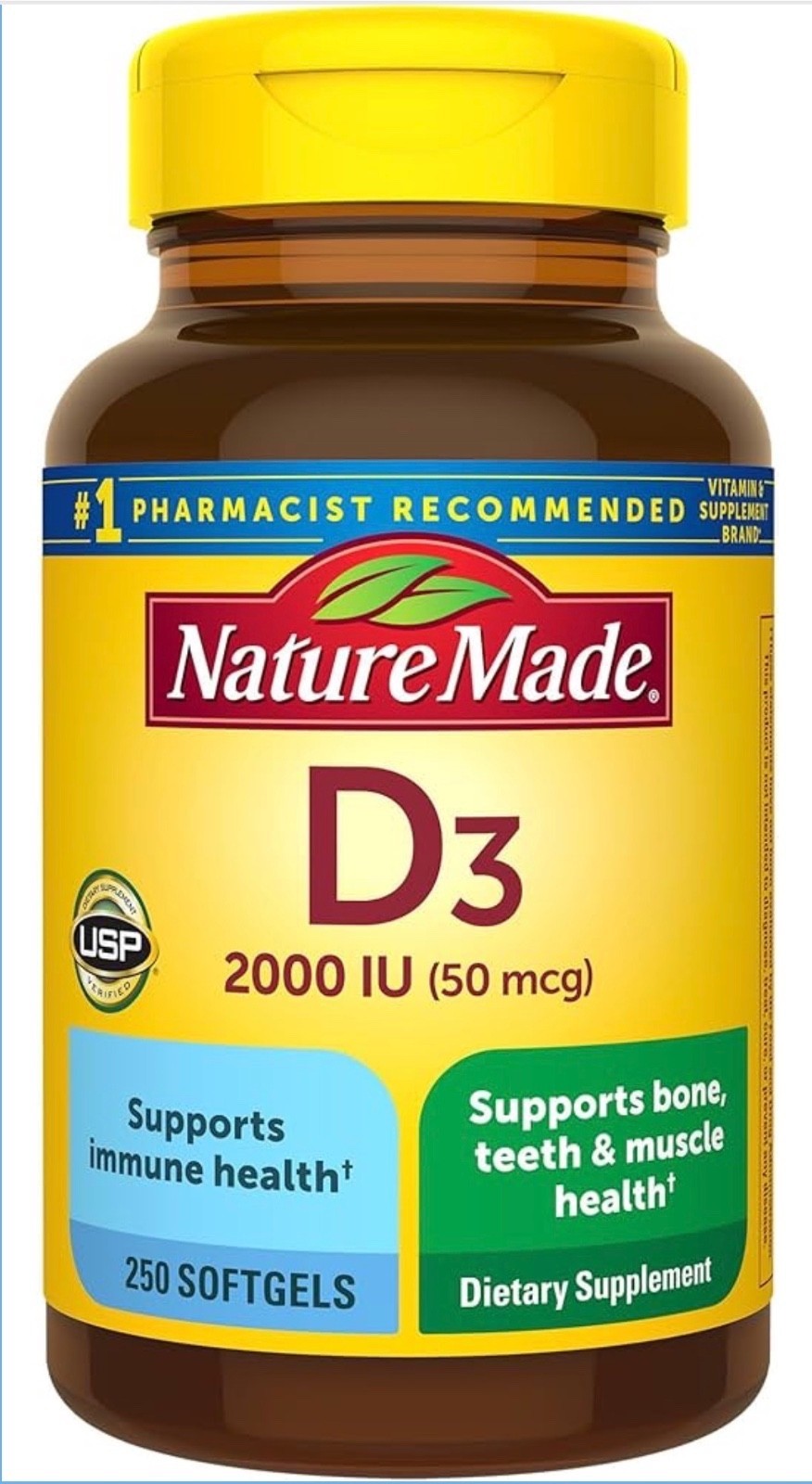 Nature Made D3 2000 IU 50mcg, Vitamin D Supplement 250 Softgels, EXP 02/2028