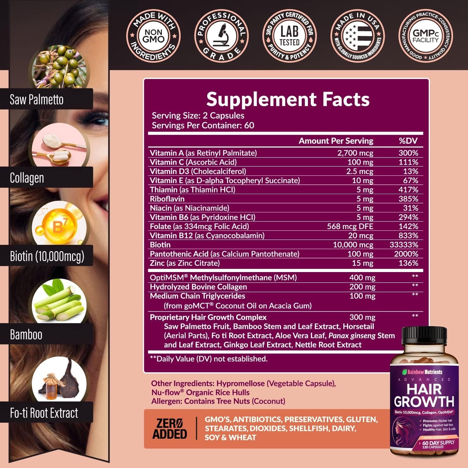 2 BOTTLES-Rainbow Nutrients Advanced Hair Growth-Hair,Skin &Nail Health Collagen
