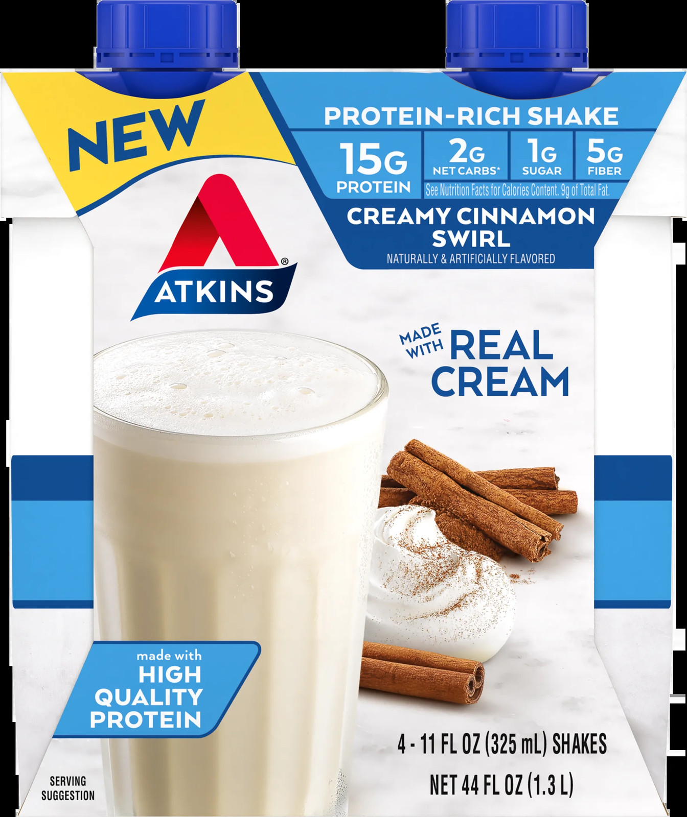 Atkins Protein Shake, Low Glycemic, High Protein, Creamy Cinnamon Swirl, 4 Count