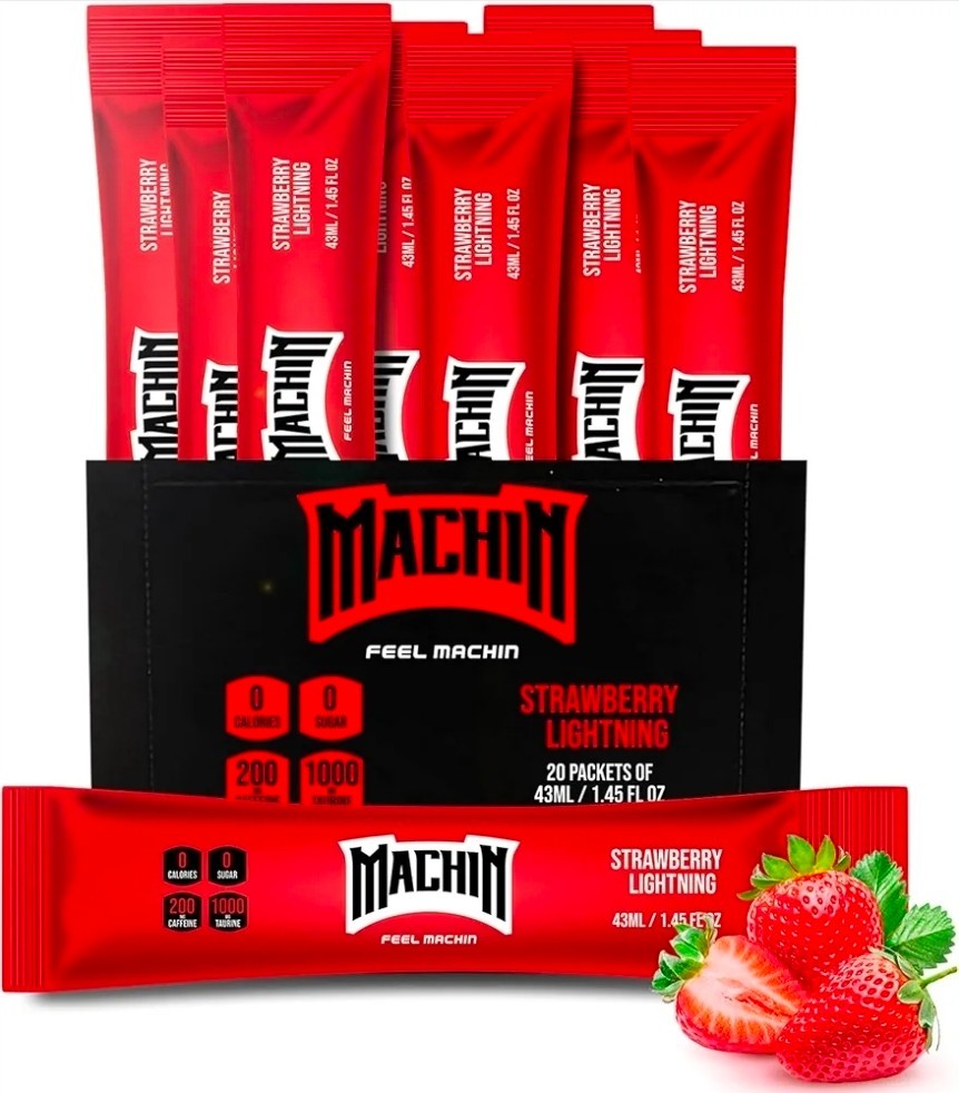 20 Pack MACHIN Ready to Drink Energy Shot Pouches (Strawberry Lightning) 1.45oz