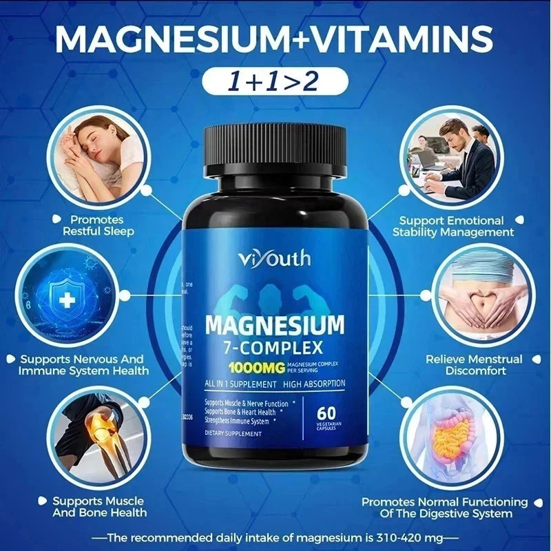 1-3PCS Viyouth Magnesium 7 Complex Capsules 60 Count Sleep Relief Bone Health