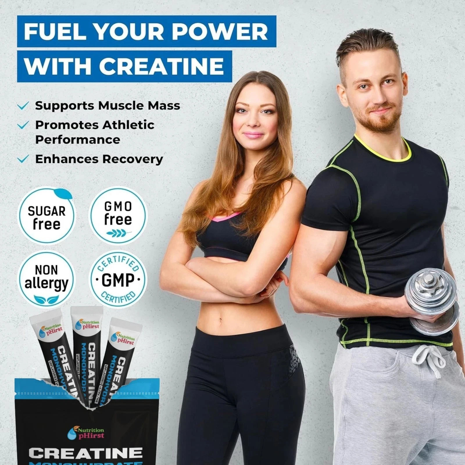 Creatine Monohydrate Sticks Muscle Gain 5000mg Per Serv (5g) 30 Sticks Powder US