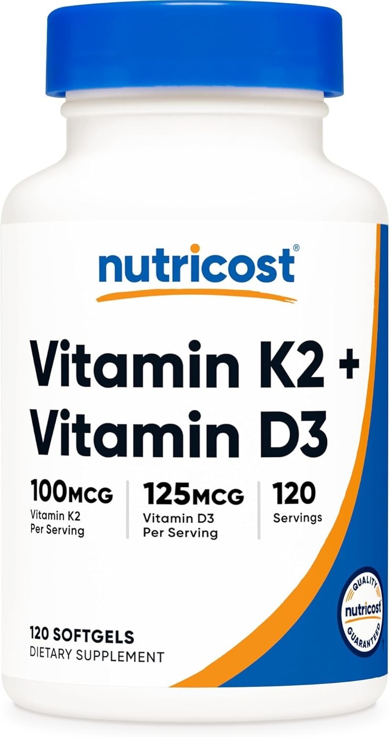 Nutricost Vitamin K2 100mcg + D3 5000 IU Softgels 120 Ct Gluten Free