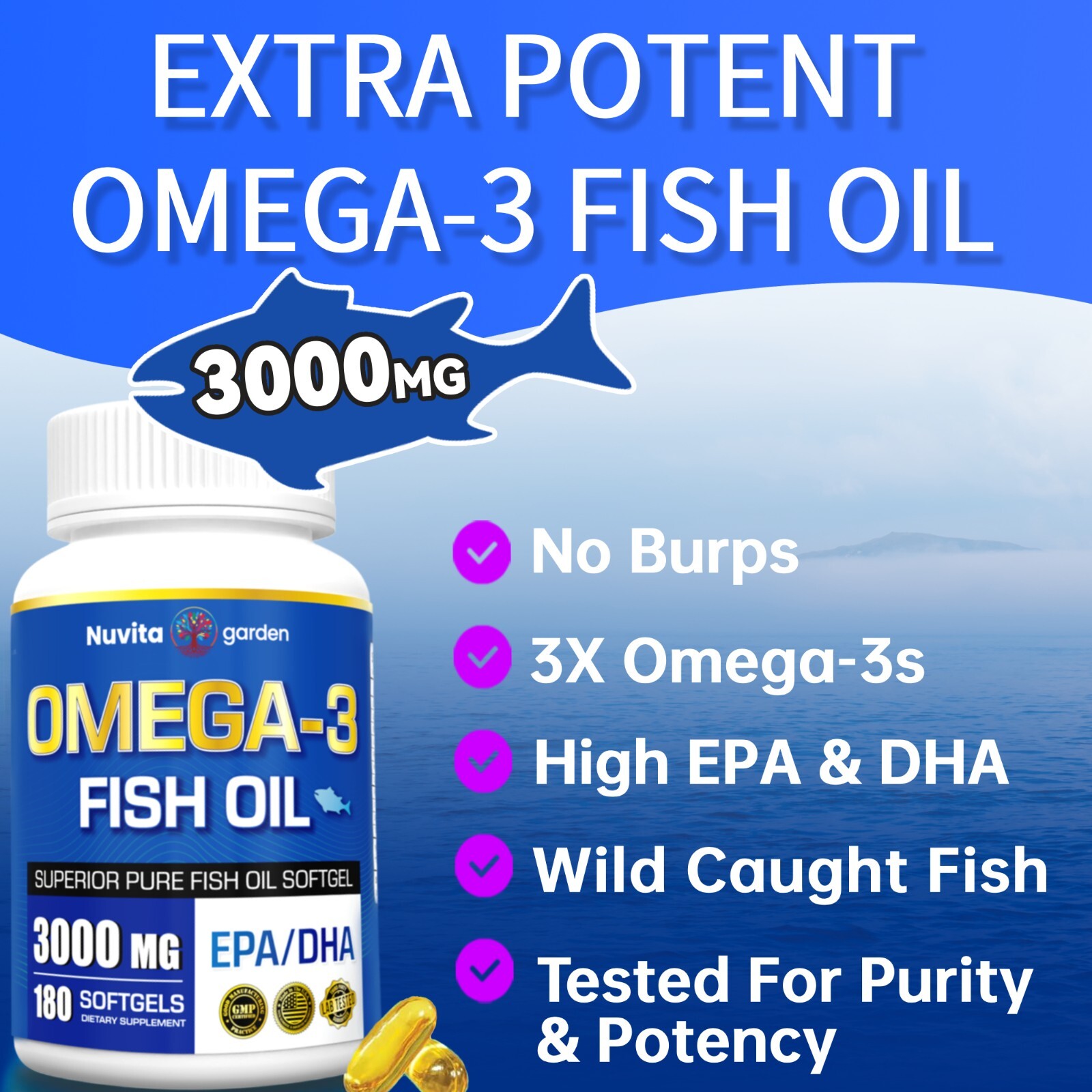 2 Pack Omega 3 Fish Oil Supplements 3000mg Per Serving, Burpless,EPA + DHA,360ct