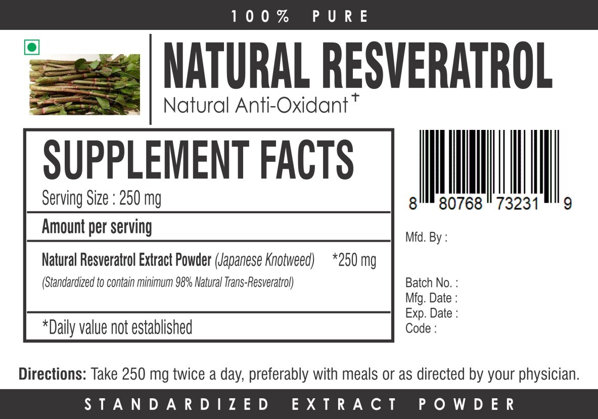 100% Pure Trans Resveratrol Powder | Anti-Aging Antioxidant Supplement 100g