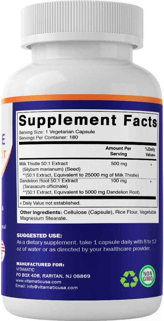 Vitamatic Milk Thistle 50:1 Extract 500mg (25000mg Equivalent), Dandelion Root 5