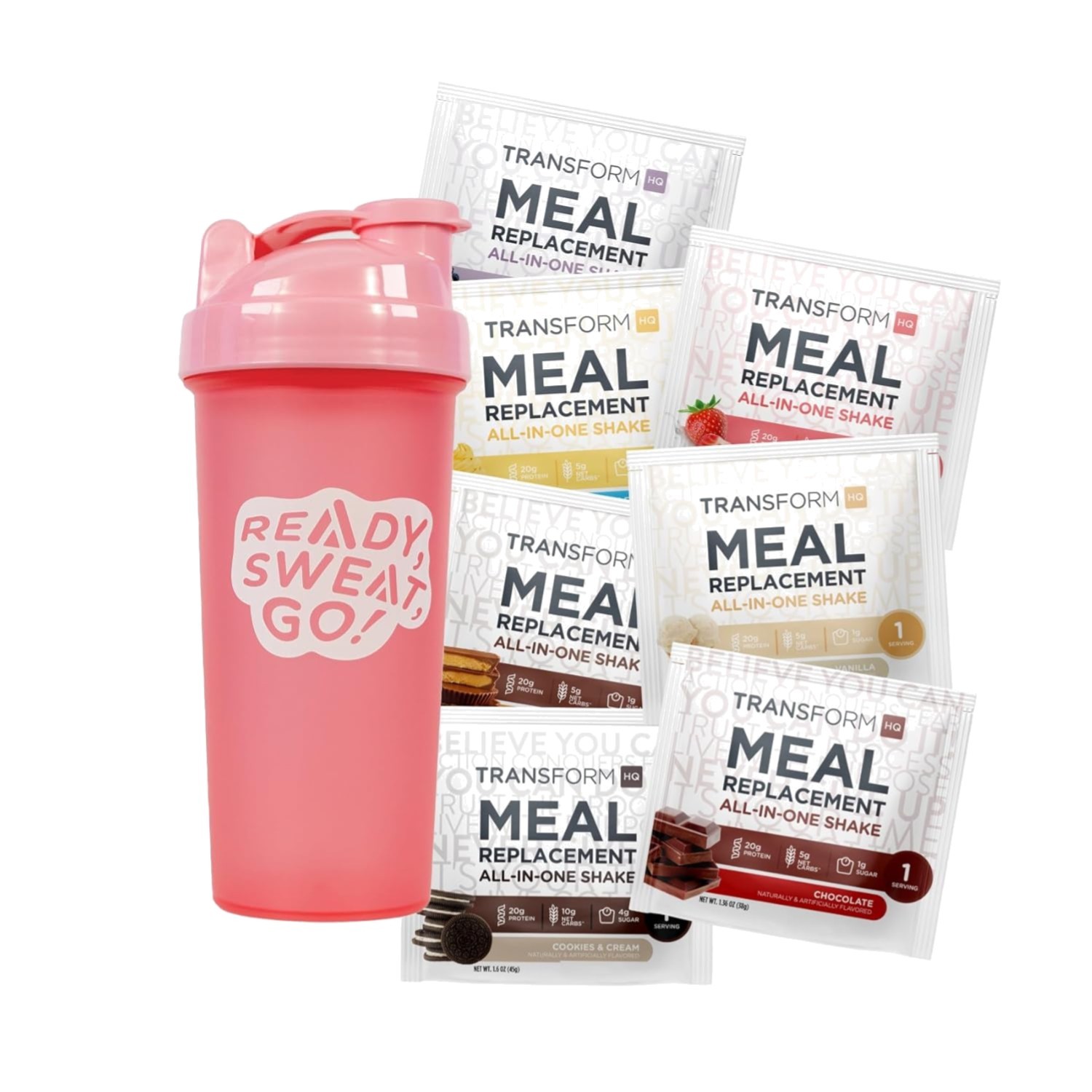 Protein-Packed Meal Replacement Shake Variety with Vibrant Pink Shaker Bottle