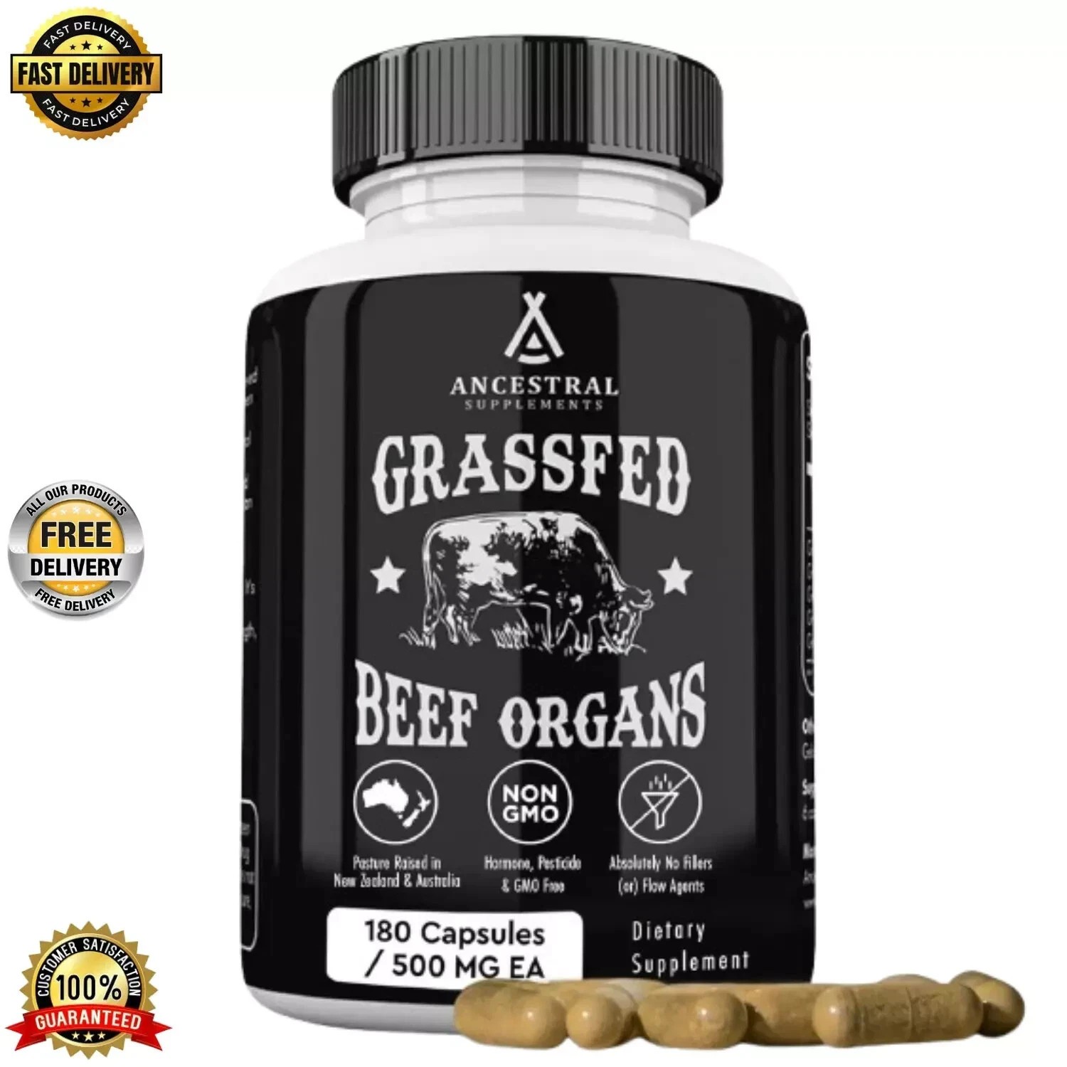 Ancestral Supplements Grass Fed Beef Organ Supplement – Non-GMO,180 Capsules NEW
