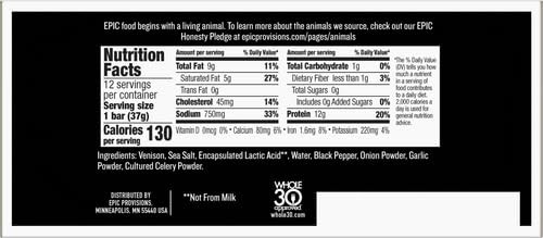 EPIC Venison Sea Salt Pepper Bar Keto Whole30 Gluten Free Protein 12 Ct 15.6oz