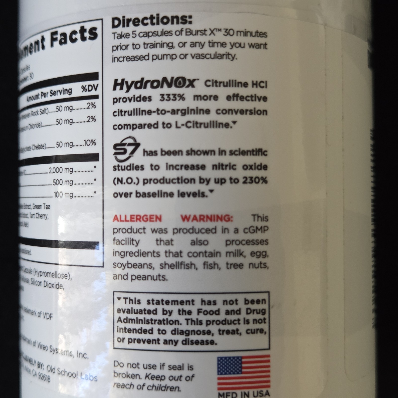 Old School Labs Nitric Oxide Pre-Workout Supplement HydroNOx S7 Blend 30 Serving