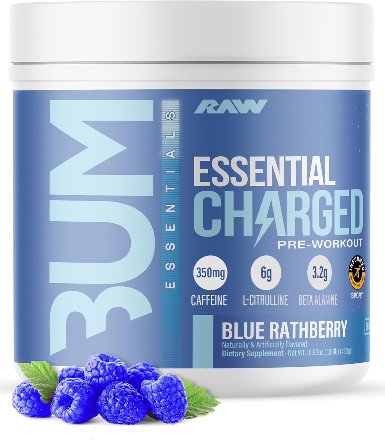 RAW Pre-Workout Powder, Essential CHARGED (Blue Rathberry) – Preworkout Suppleme