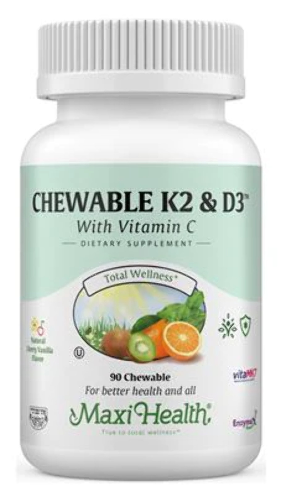 Maxi Health Chewable K2 & D3 with Vitamin C – Cherry Vanilla Flavor – 90 Chewabl