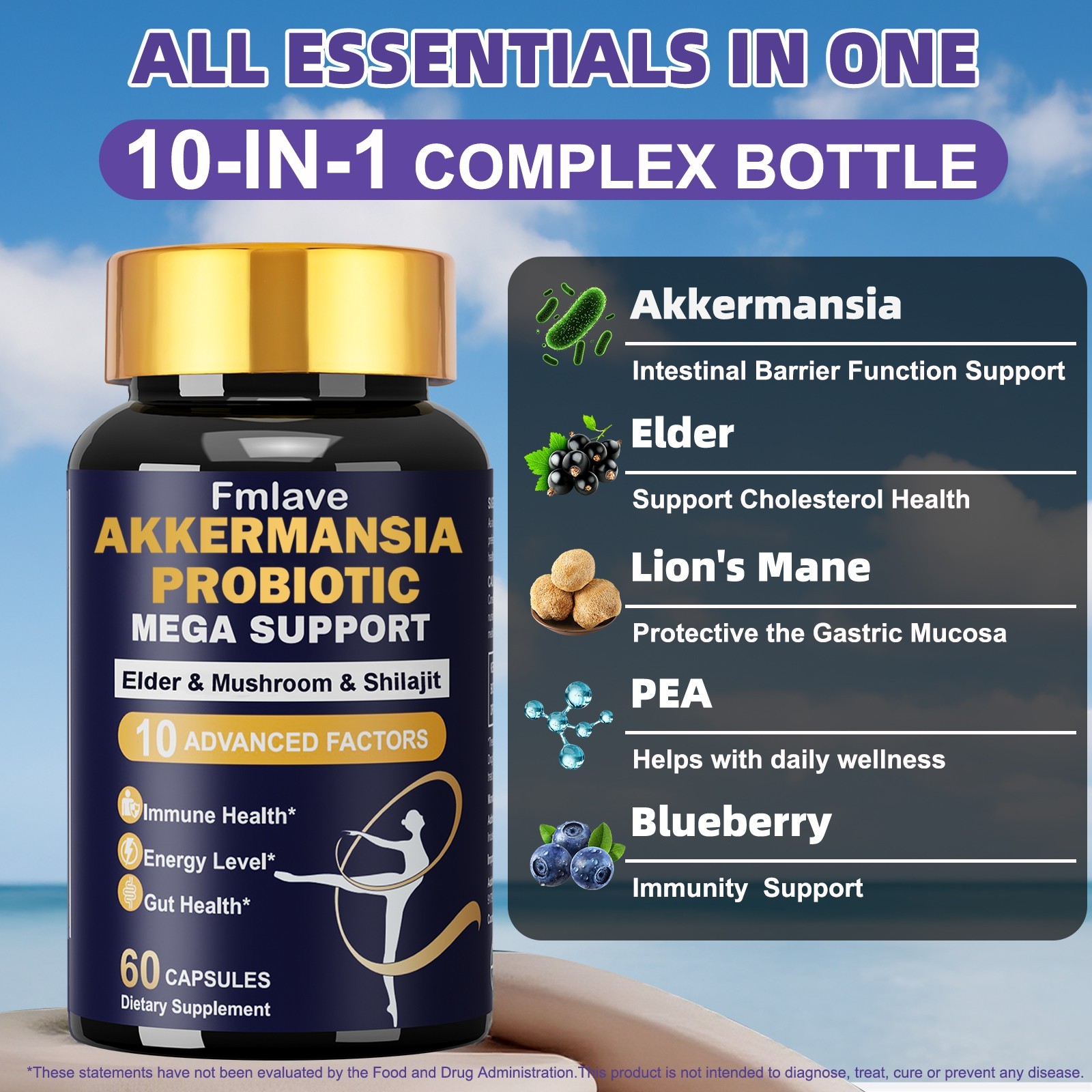Akkermansia Muciniphila Probiotic Lions Mane Mushroom Capsules 60ct Gut & Immune