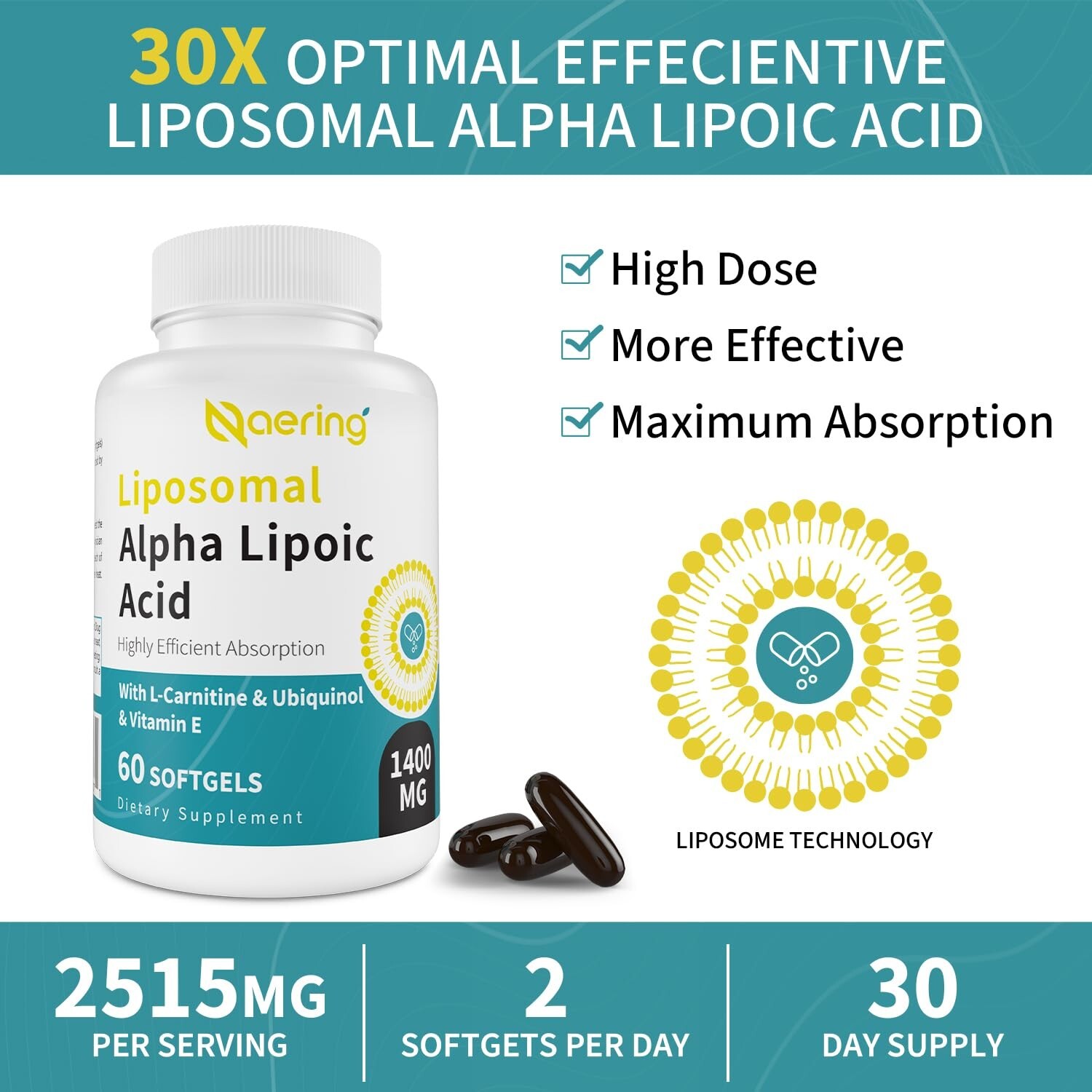 Liposomal Alpha Lipoic Acid 1400mg Softgels ALA (60 Ct. x 2)