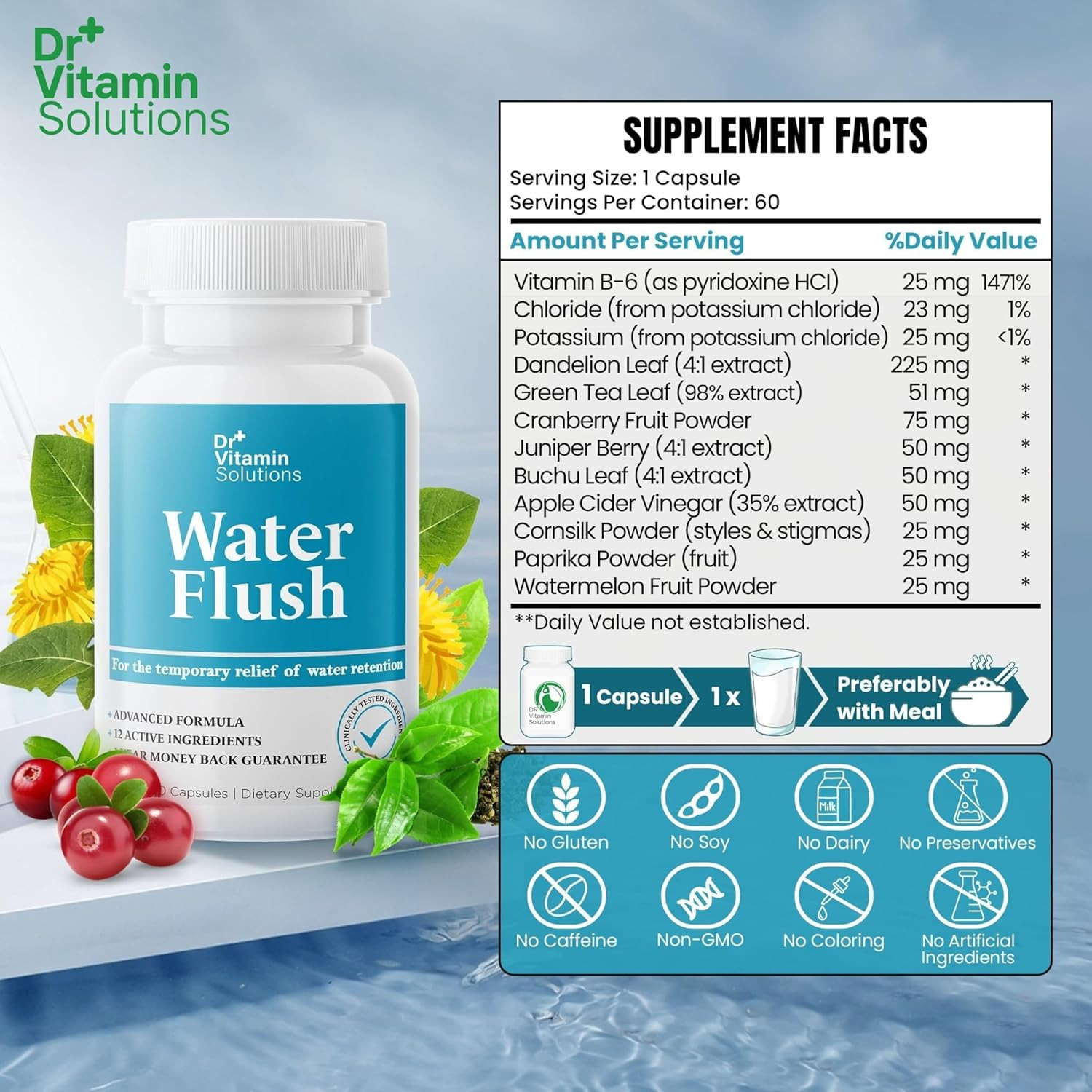 Diuretic Water Pills for Bloating & Water Retention with Green Tea Cranberry