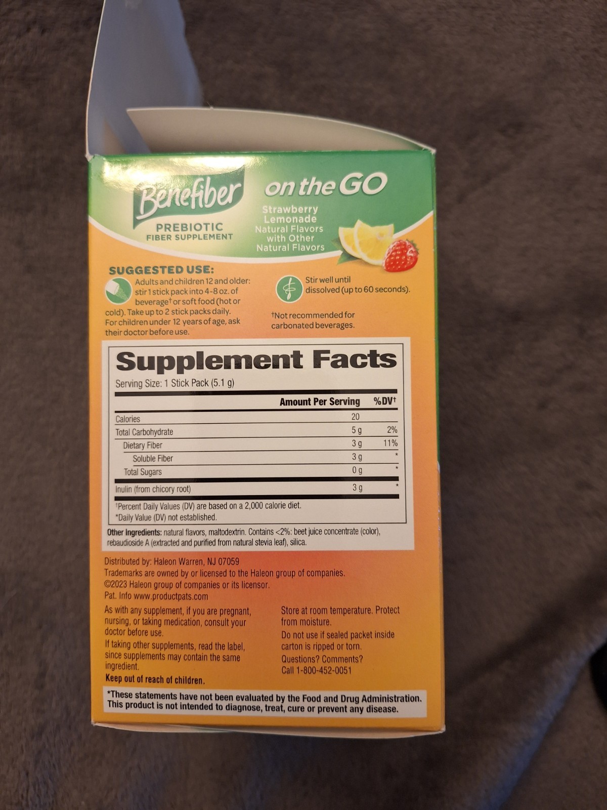 Benefiber On The Go Prebiotic Fiber Strawberry Lemonade 35 Pk Open Box Exp 09/27