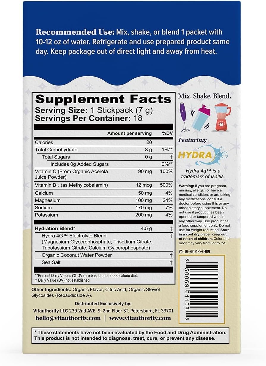Hydration Electrolyte Powder Packets Blend Magnesium, Calcium, Sodium Potassium