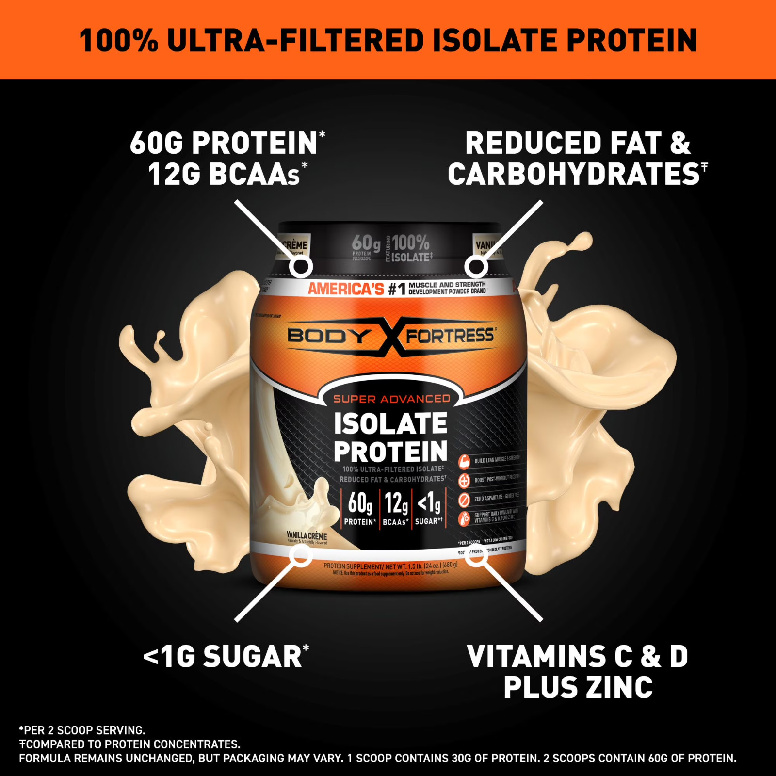 Body Fortress Super Advanced 100% Ultra-filtered Isolate Protein Powder, Vanilla