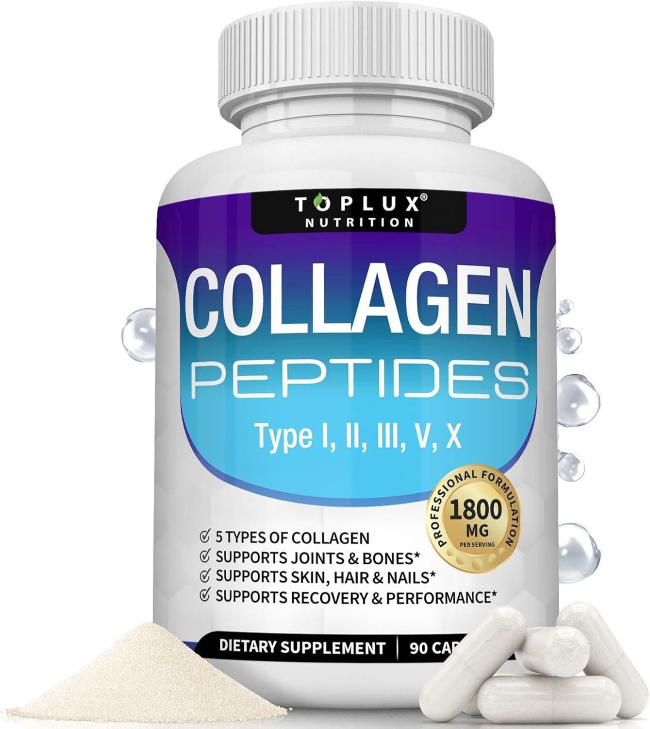Multi Collagen Peptides tablets 1500mg Type I II III V X 90ct Lux Supplement