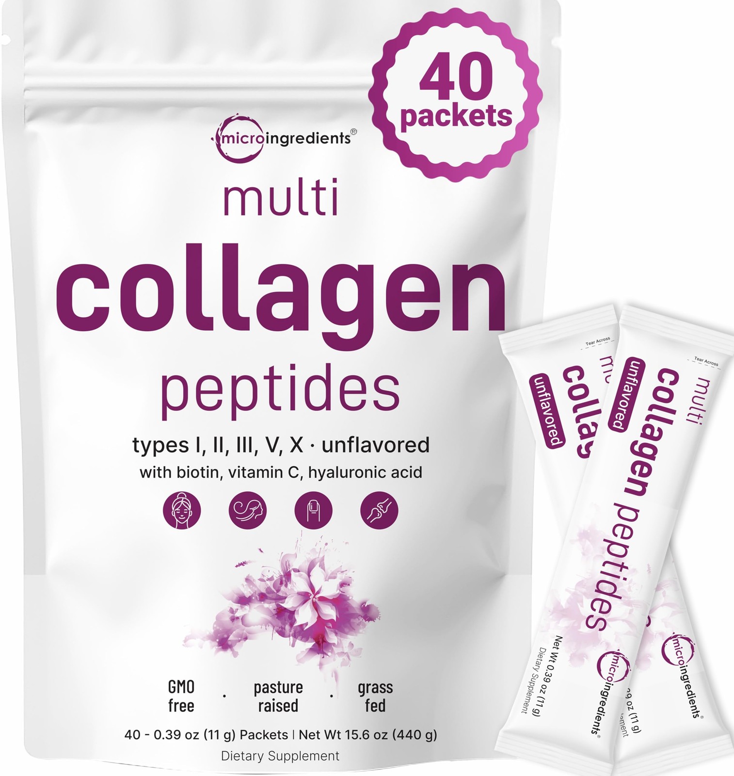 Micro Ingredients Multi Collagen Peptides Powder, 40 Stick Packs | Type I, II…