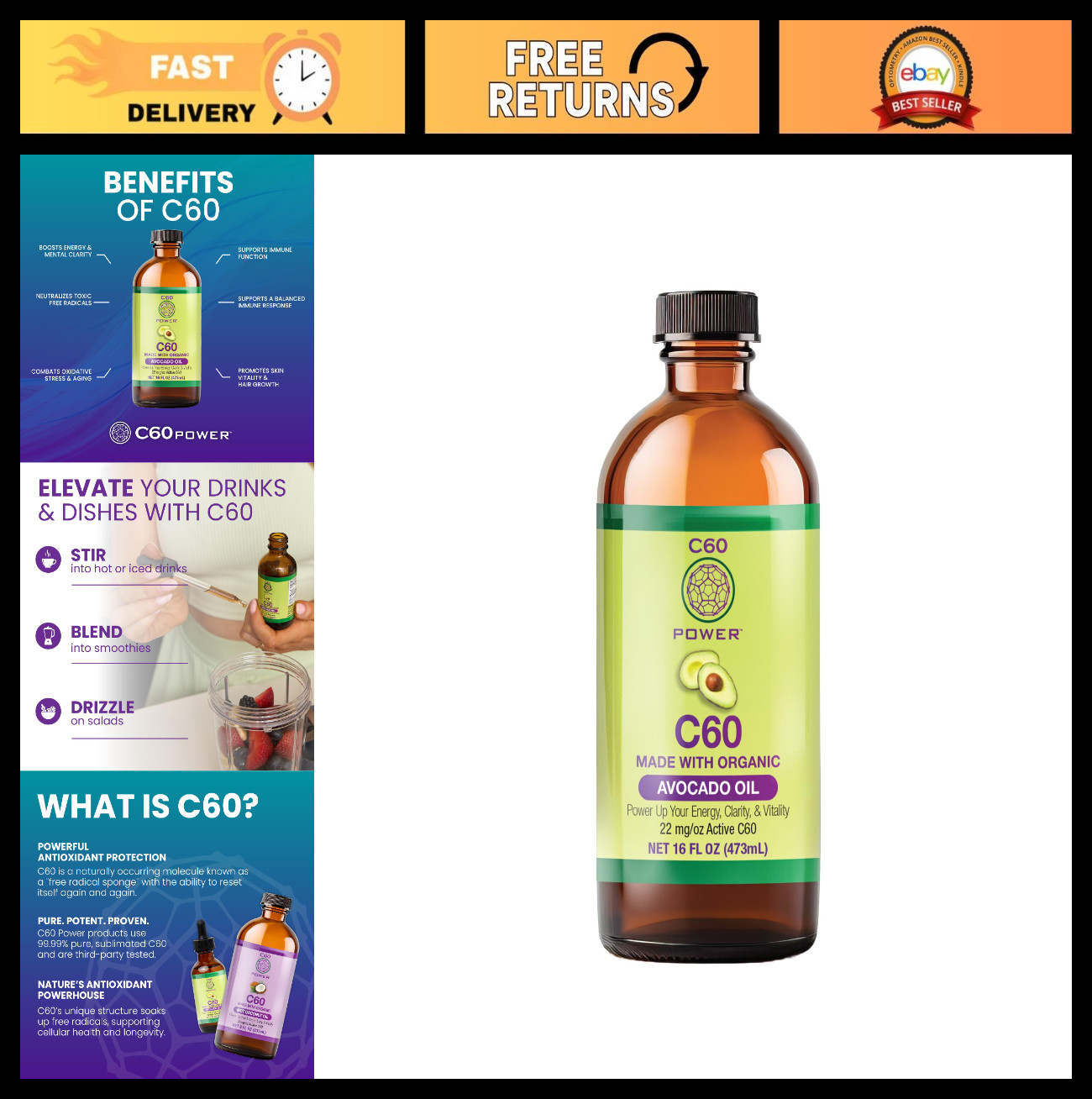 Organic Avocado Oil C60 Power – 99.99% Pure Antioxidant for Energy & Clarity, 16