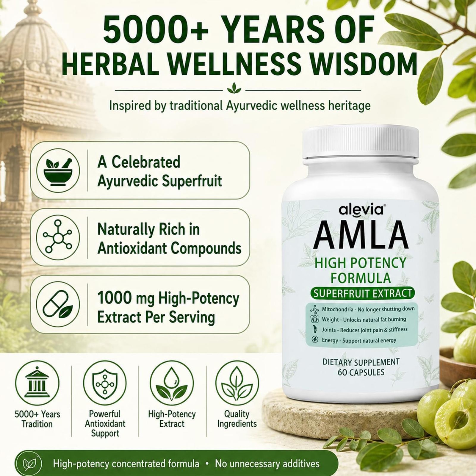 Alevia Natural Amla Capsules 1000mg Indian Gooseberry Antioxidant Supplement 60c