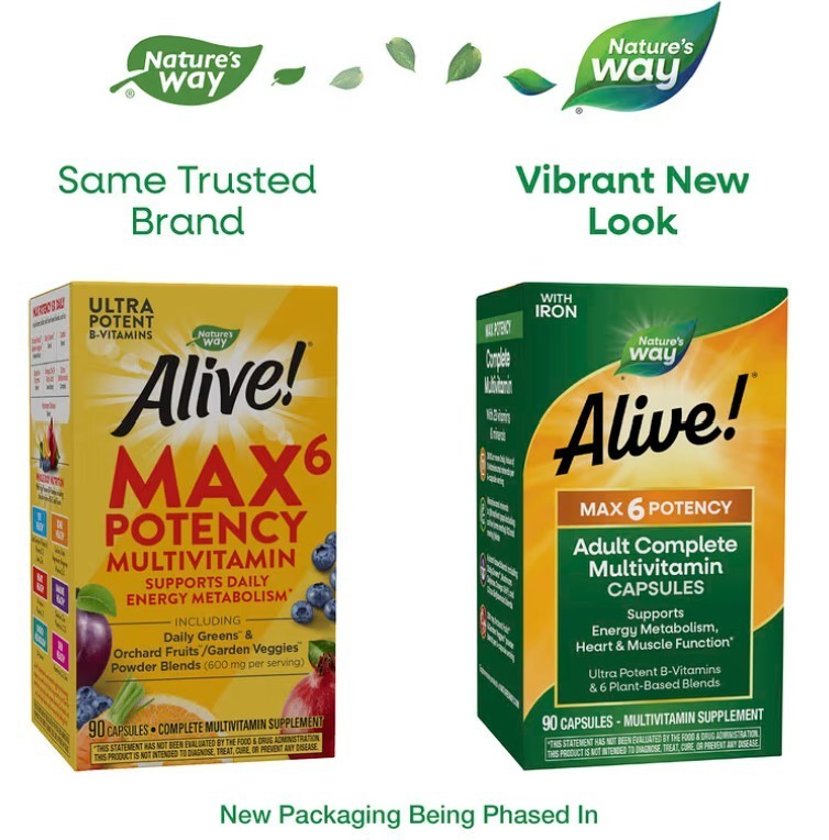 Nature’s Way, Alive!® Max 6 Potency, Adult Multivitamin, With Iron, 2×90 Caps