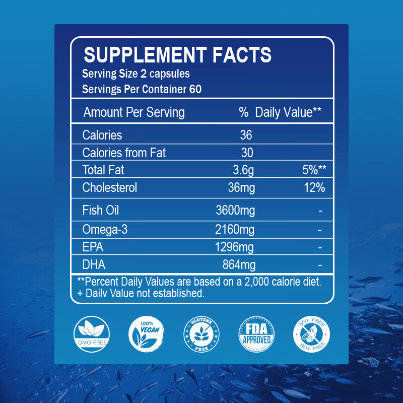 120 Pills Omega 3 Fish Oil Capsules 3x Strength 3600mg EPA & DHA Highest Potency