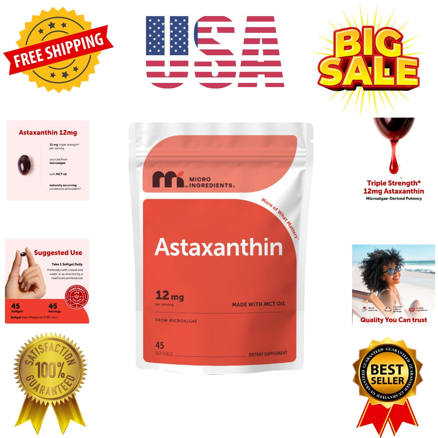 Astaxanthin 12mg with MCT Oil, 45 Softgels | Astaxanthin Antioxidant Supplem…