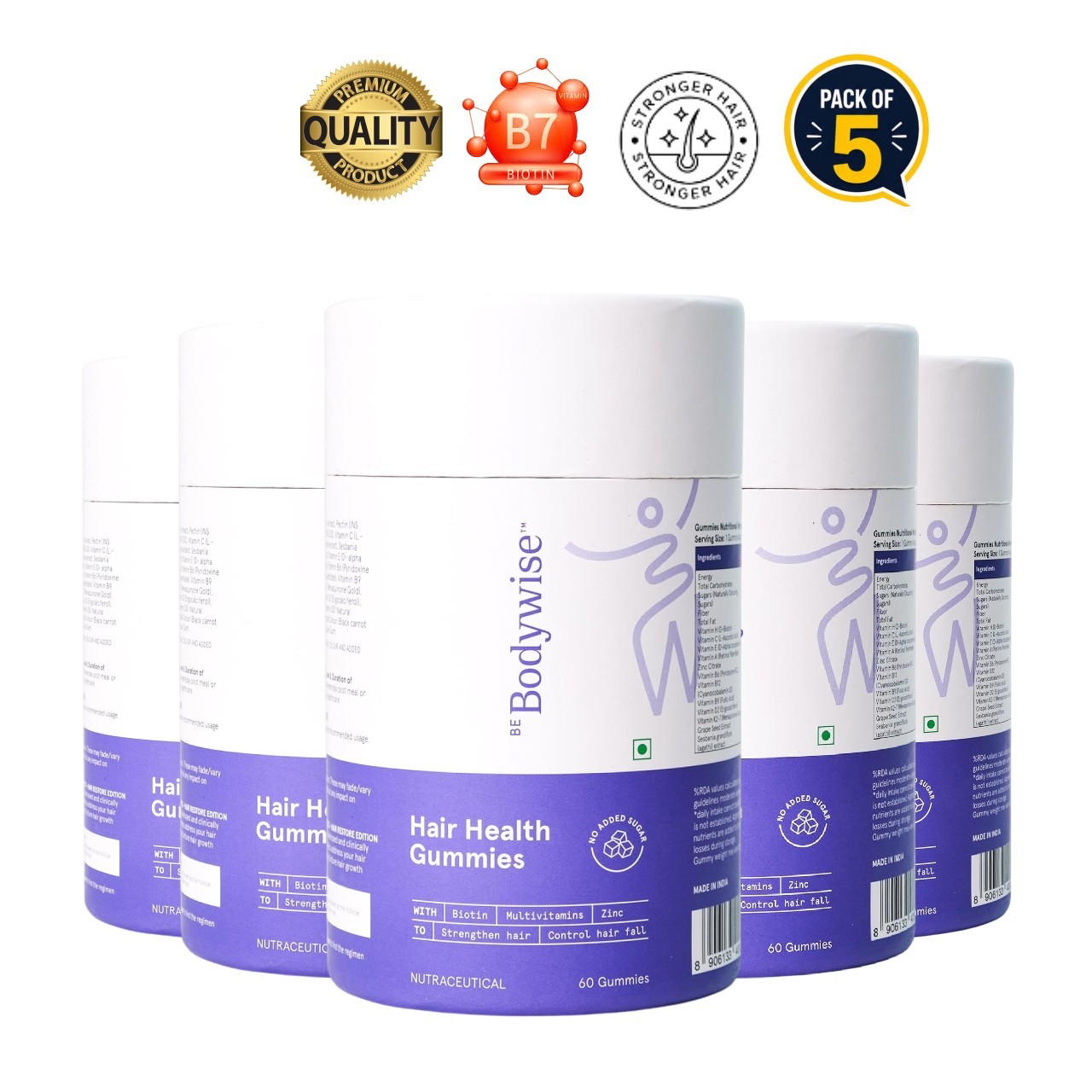 Be Body.wise Biotin Hair Gummies 60 Count Pack of 5