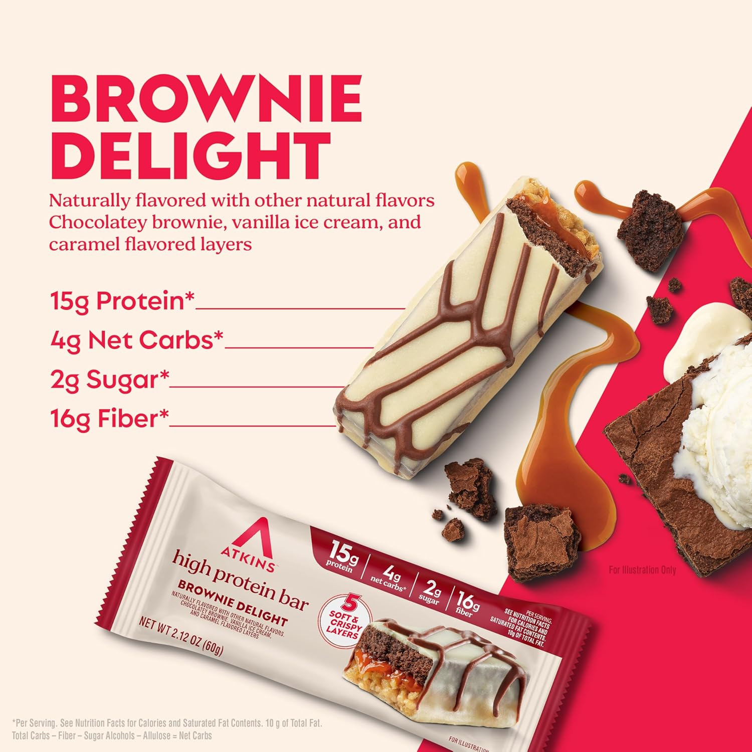 New High Protein Bars, Brownie Delight Flavor, 15G of Protein, 4G Net Carbs, 4