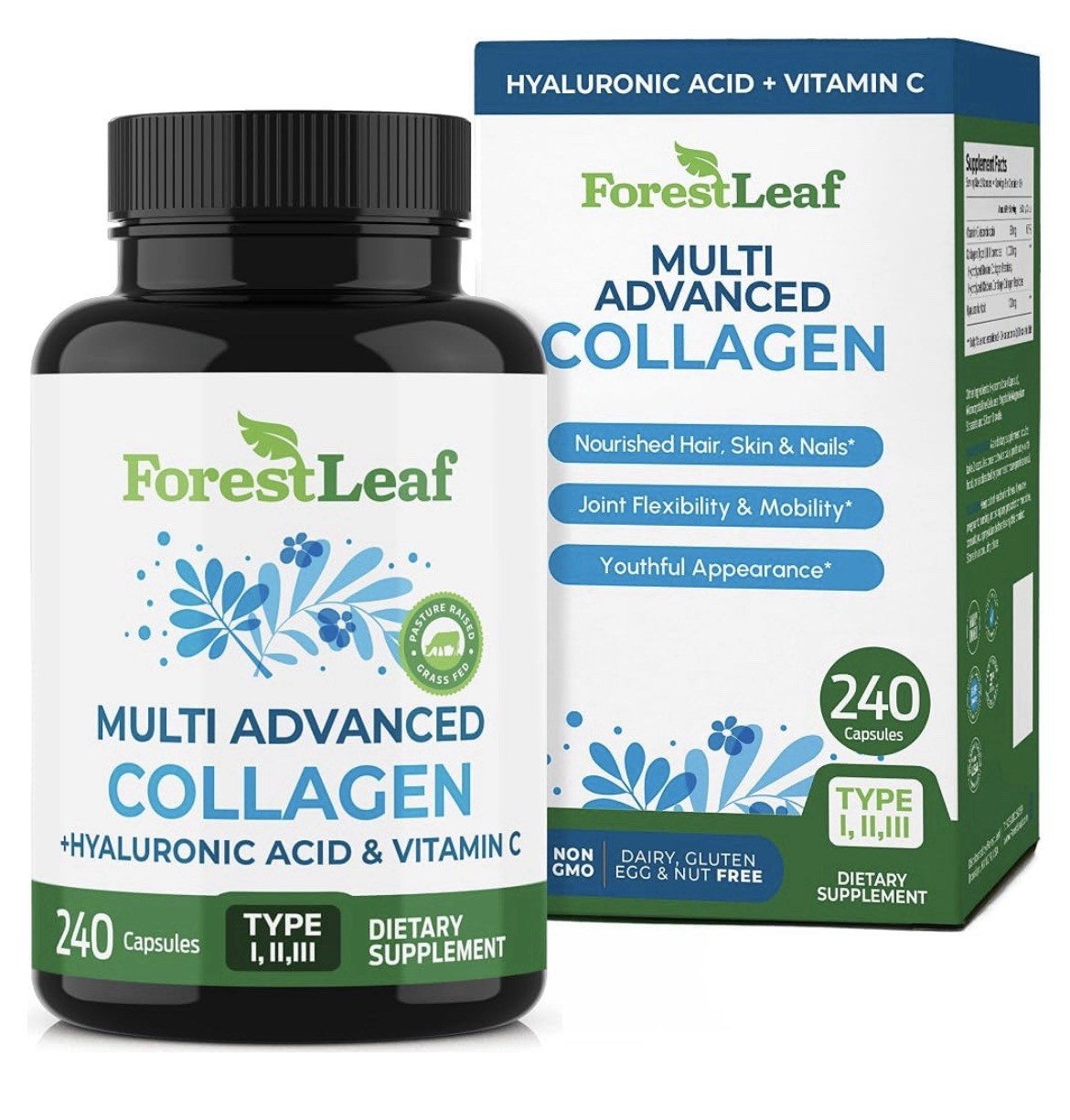 ForestLeaf Advanced Collagen Type I II III + HA + Vitamin C 240 Caps Exp 09/2027