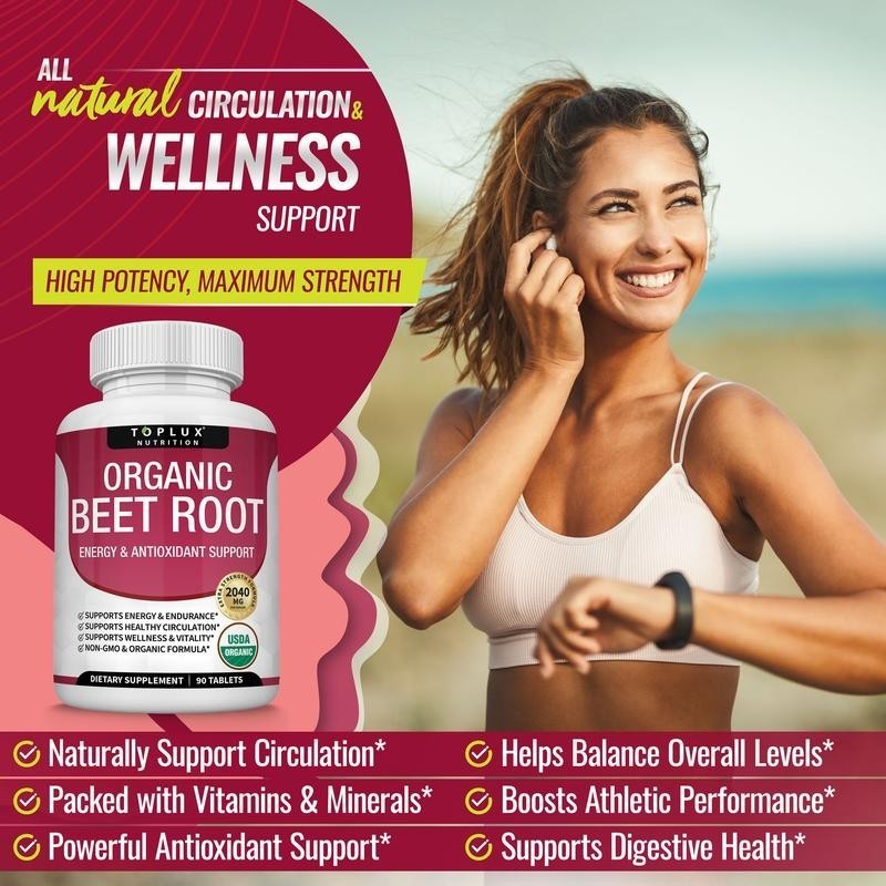 3PCS -TopLux Organic Beet Root 2040mg–90Tablets–Energy,Circulation&Antioxidant