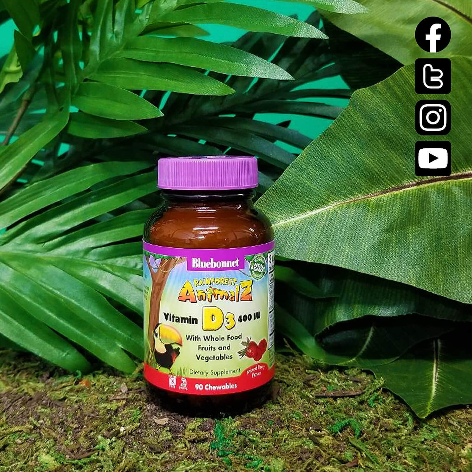Bluebonnet Rainforest Animalz Vitamin D3 10 Mcg 400 IU Mixed Berry 90 Chewables