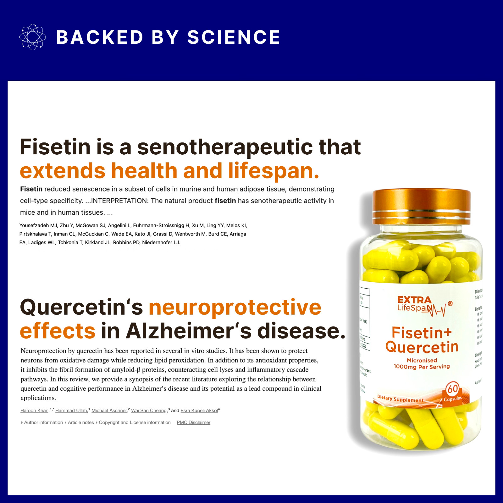 Fisetin 99.8% Quercetin 99.8% Australia 500mg 3 x 60s Extra Lifespan Supplements