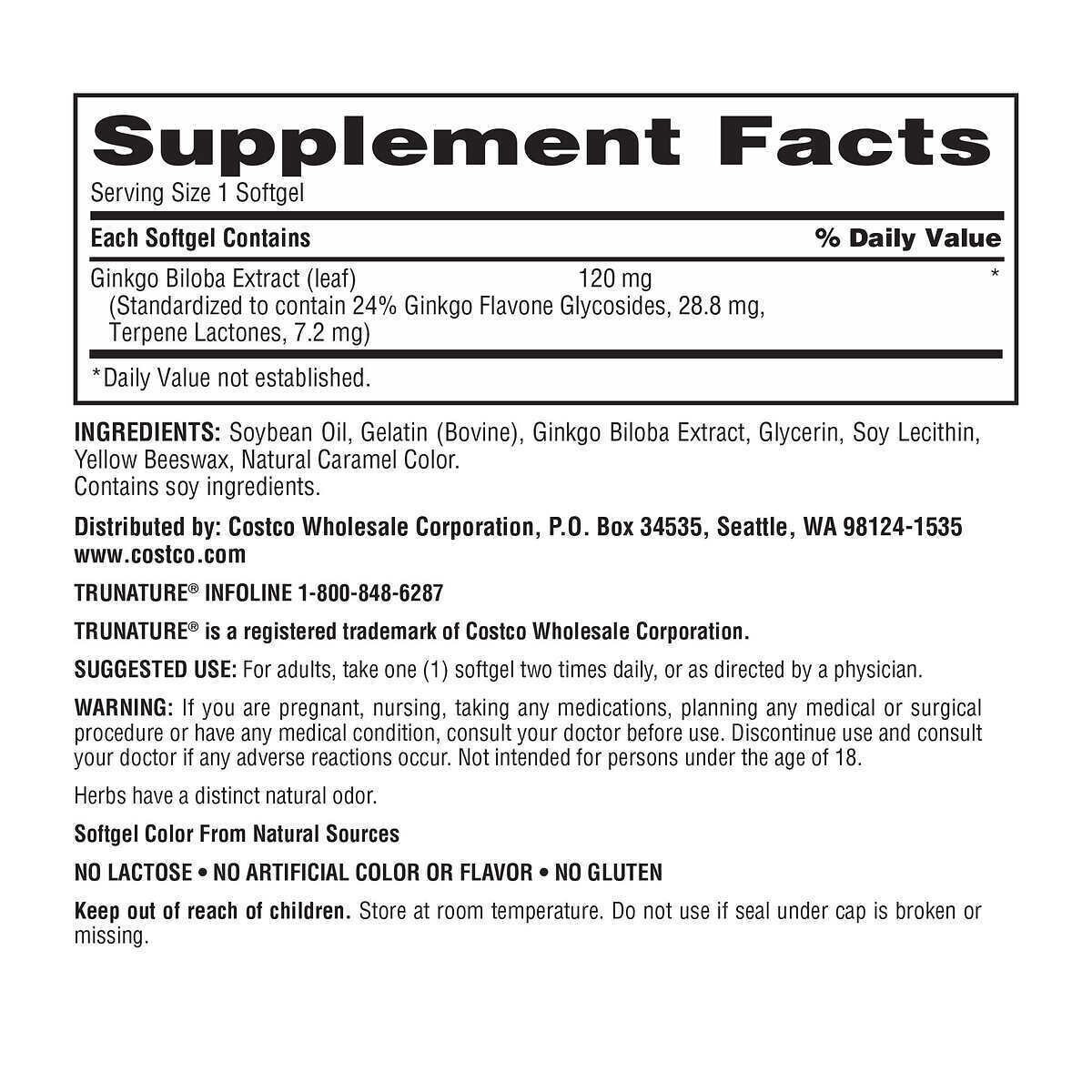 TruNature Ginkgo Biloba Herbal Extract Softgel – 340 Count Support Memory