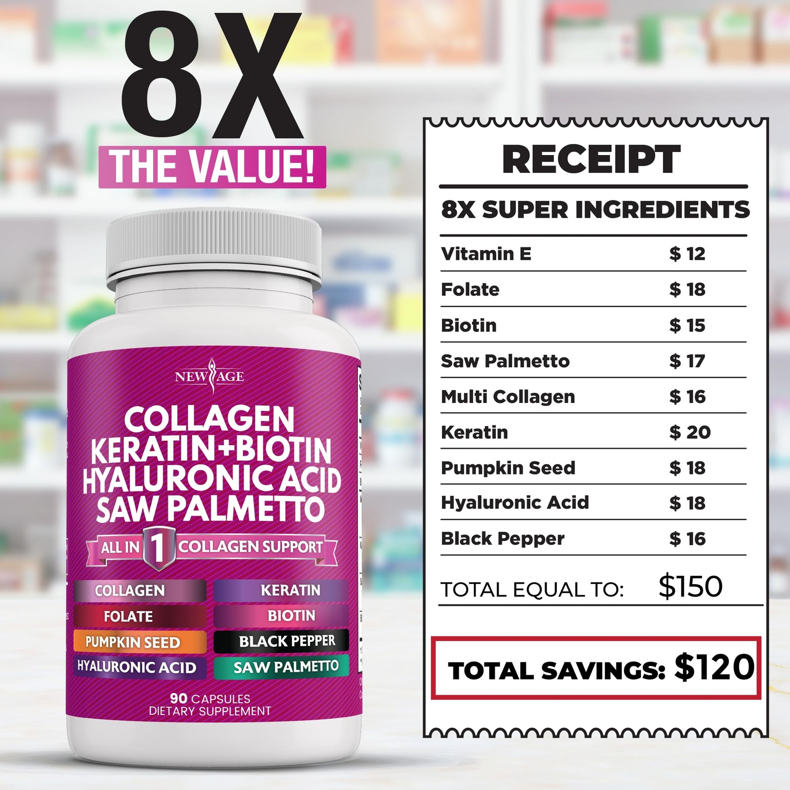 NEW AGE Collagen Pills Biotin Keratin Saw Palmetto 90 Count (Pack of 2)