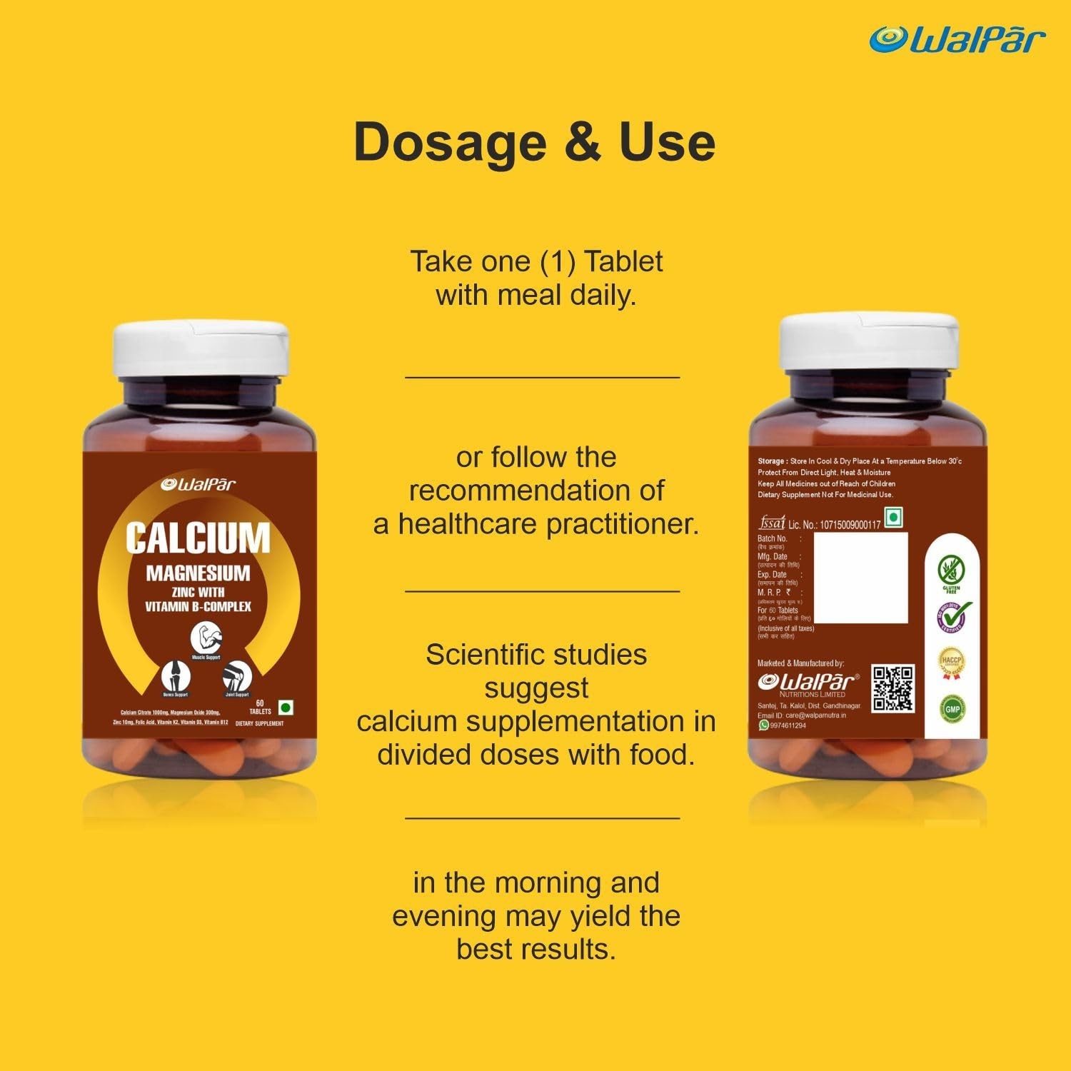 WAL.PAR Calcium Citrate 1300mg Magnesium Zinc D3 B12 B Complex