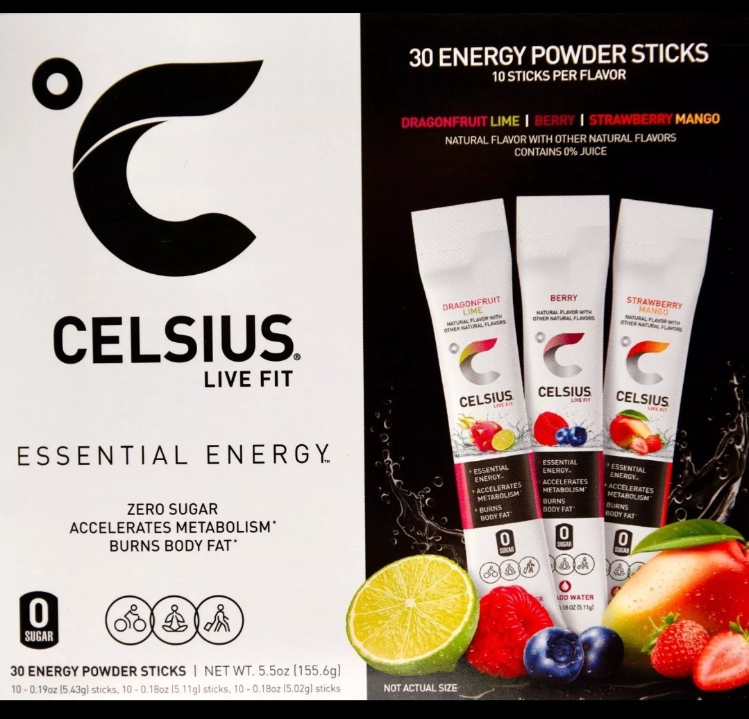 30 ct Celsius Energy Powder Sticks Zero Sugar Berry Strawberry Dragonfruit Lime