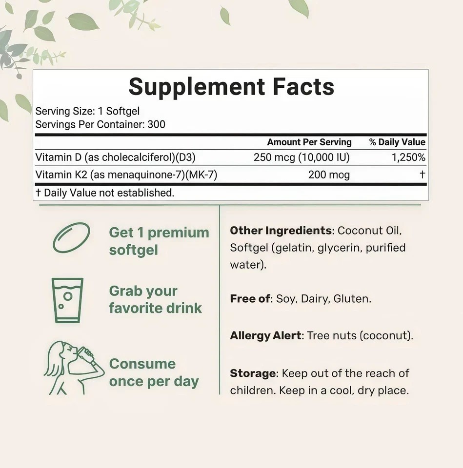 Vitamin D3 10000 iu Plus K2 (MK-7) 200 mcg, 300 Virgin Coconut Oil Softgels