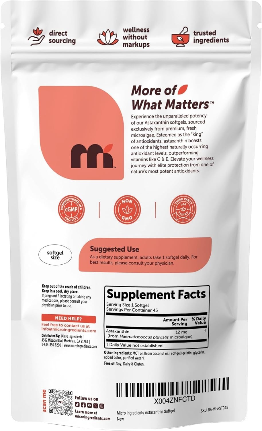 Fresh Microalgae Source: Astaxanthin 12mg Softgel with MCT Oil – 45 Pack