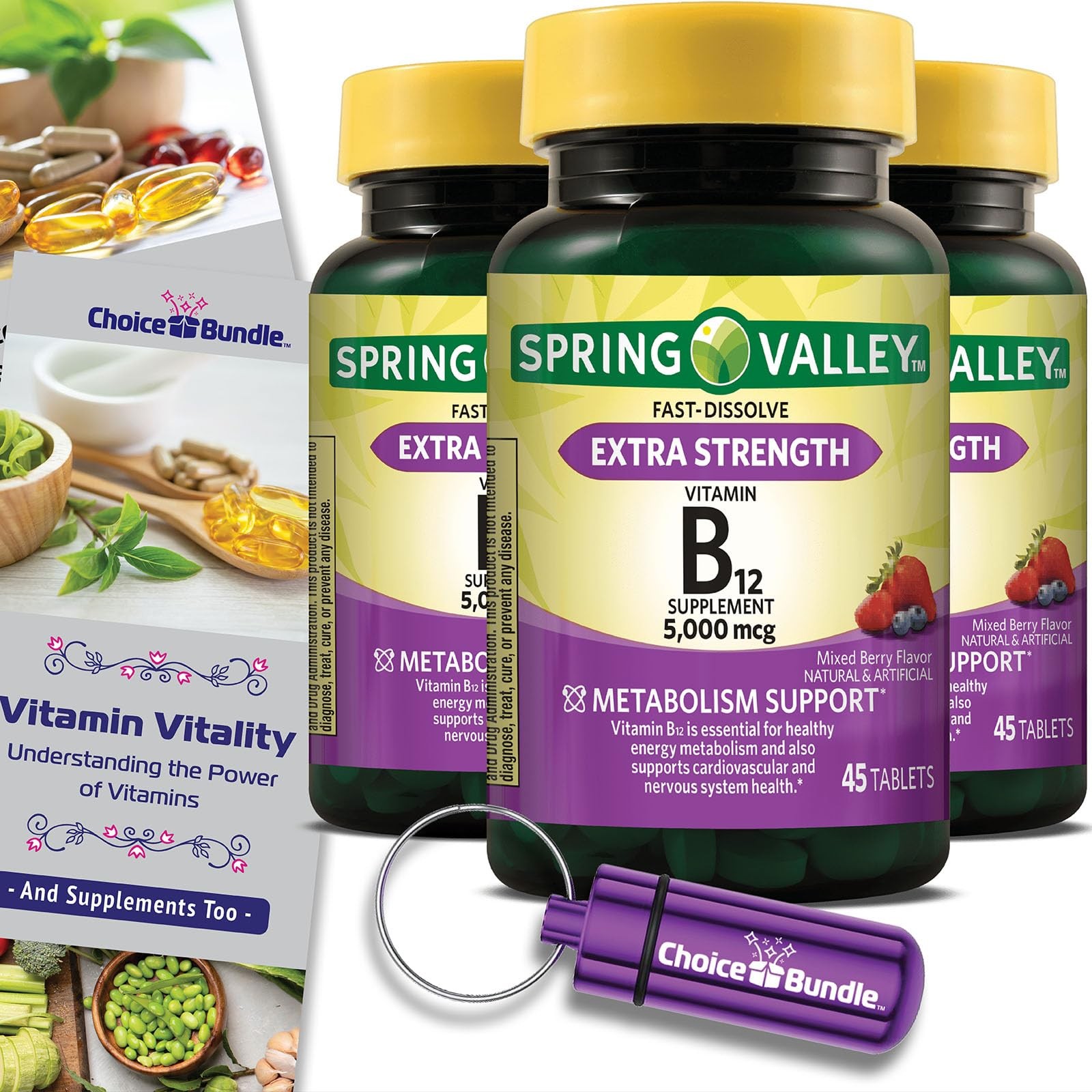 Spring Valley Vit B12 5000mcg Fast Dissolve 3Pk (135 ct) + Vitality Guide & Case