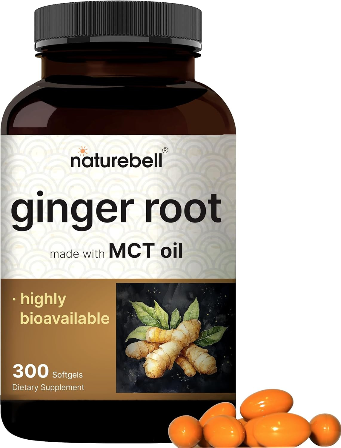 Ginger Root with MCT Oil Softgels 6000Mg Equivalent, 20:1 Extract, 300 Count