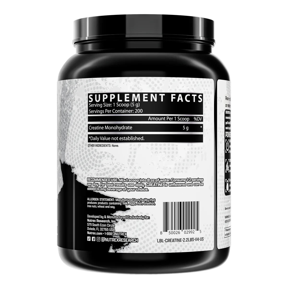 Nutrex CREATINE Monohydrate Powder Micronized Unflavored 200 Servings 1000 Grams