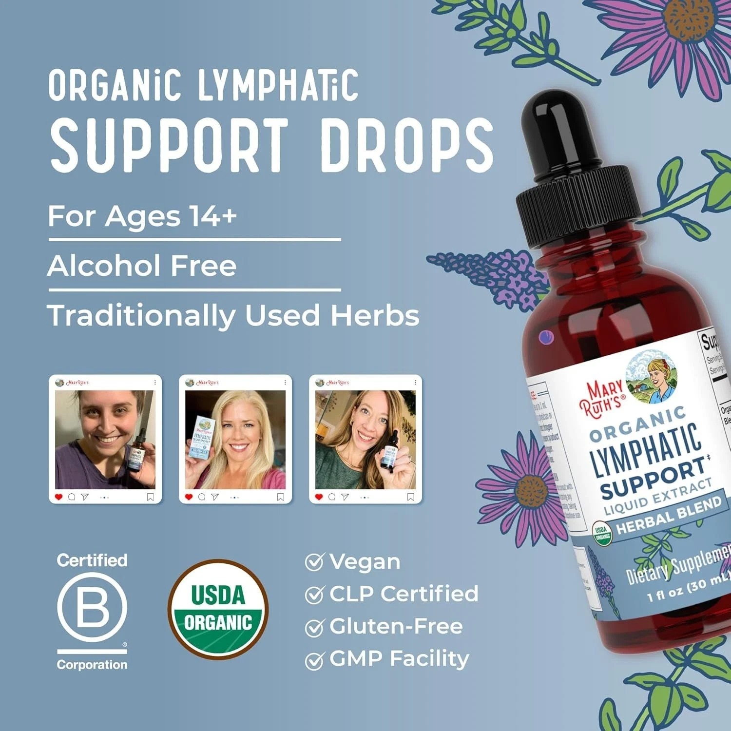 MaryRuth’s Organic Lymphatic Support – Echinacea & Elderberry Drops – Vegan – 30