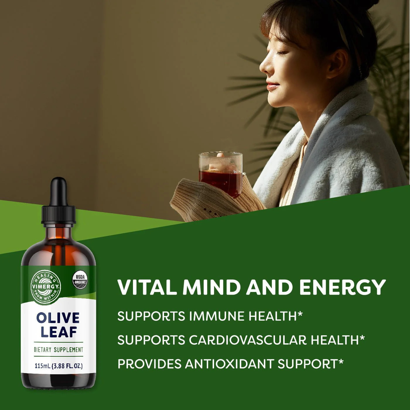 VIMERGY Organic Olive Leaf Extract, 57 Servings – Pure Olive Leaf Liquid Drops