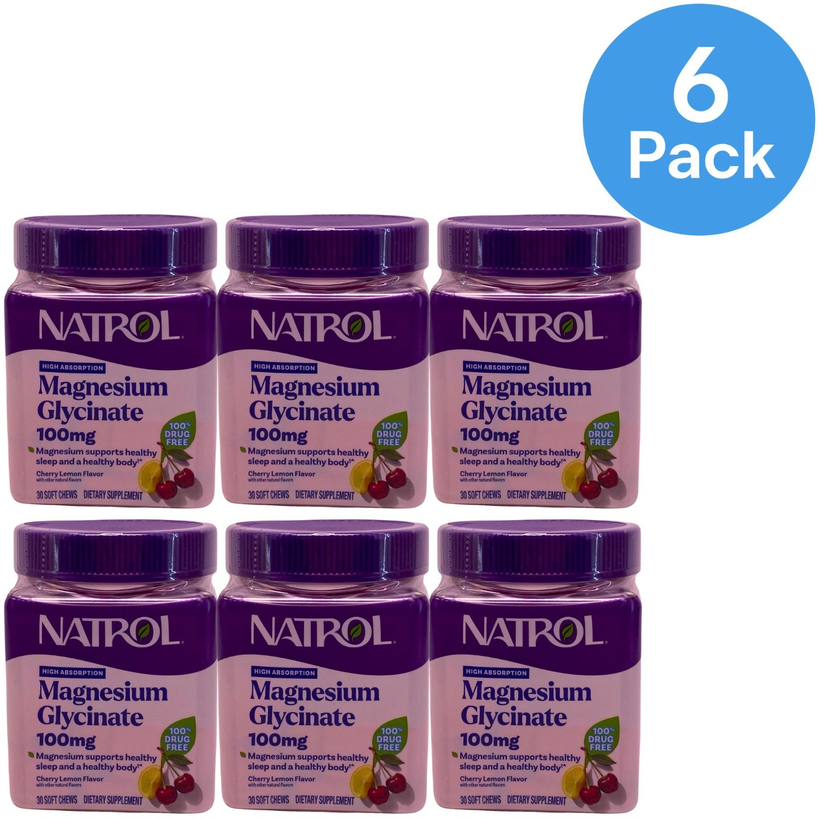 Natrol Magnesium Glycinate 100mg Cherry Lemon 30ct 6 Pack New Exp 09/2026